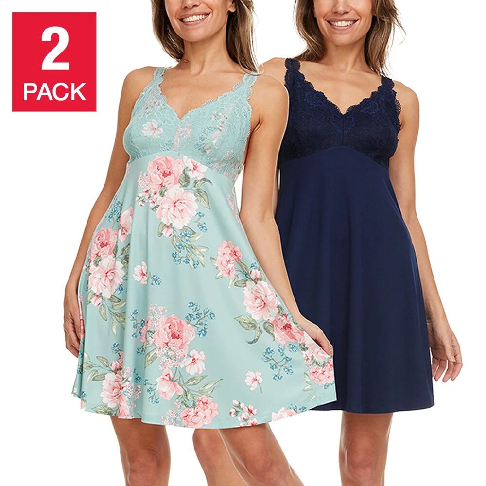 NWT Flora Nikrooz Women's 2-Pack V-Neck Lightweight Soft Lace Trim Chemise